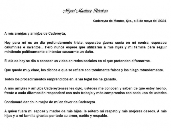 Falsos dichos de exesposa de Miguel Martínez, asegura el candidato.