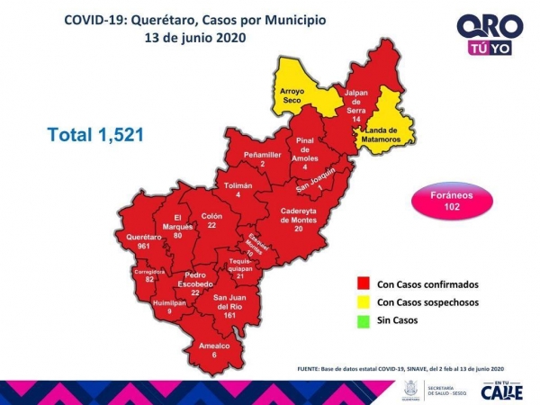 Querétaro con mil 521 casos de enfermedad COVID-19