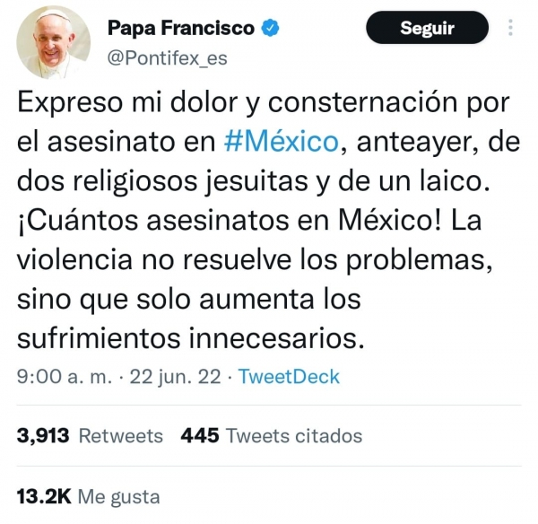 ¡Cuántos asesinatos en México!, lamenta el Papá Francisco