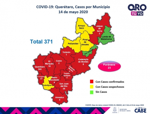 Querétaro con 371 casos de enfermedad COVID-19