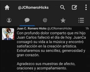 Muere hijo de Juan Carlos Romero Hicks