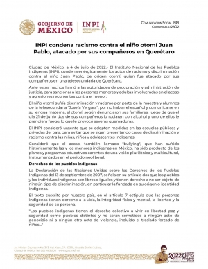 El INPI condenó el racismo contra el niño otomí Juan Pablo, atacado por sus compañeros en el Salitre en Querétaro