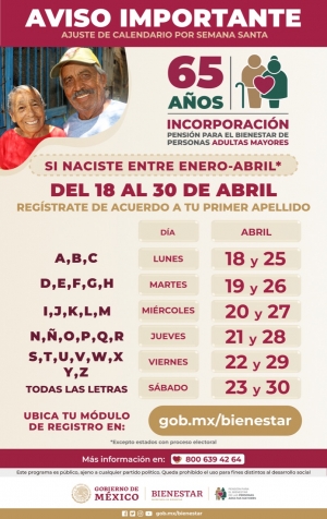 Este 18 de abril  Inicia incorporación a pensión para el bienestar de las personas adultas mayores