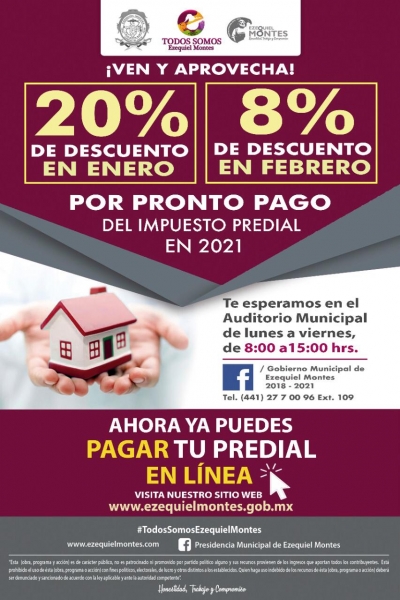 Descuentos 20% en enero y 8% en febrero en el pago del predial en Ezequiel Montes.
