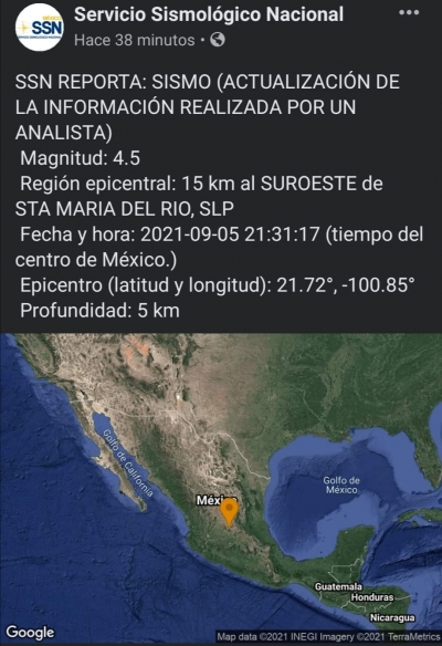 Siente San Luis Potosí temblor de 4.5 grados Richter